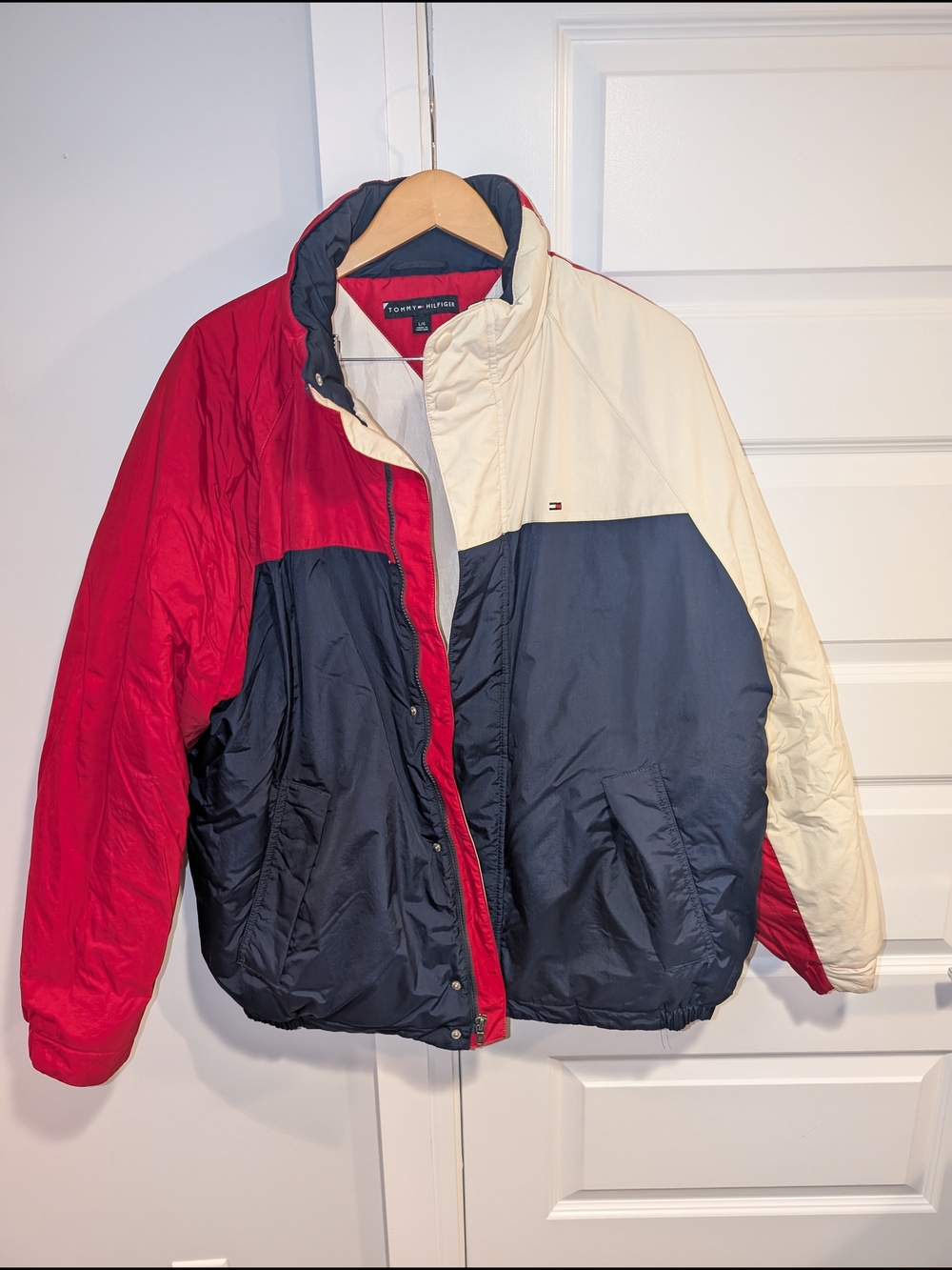 Vintage 90s Tommy Hilfiger Colorblock Puffer Jacket Red White Navy Size L
